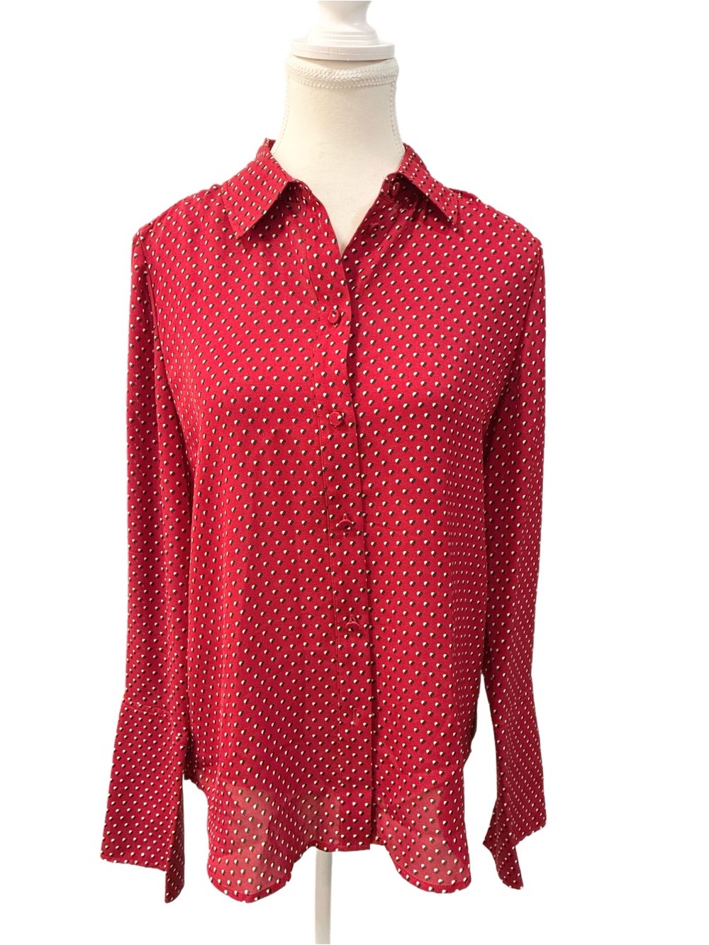 Frame NWOT Red Black & White Polka Dot Silk Button Down Shirt Size Small - Picture 2 of 6